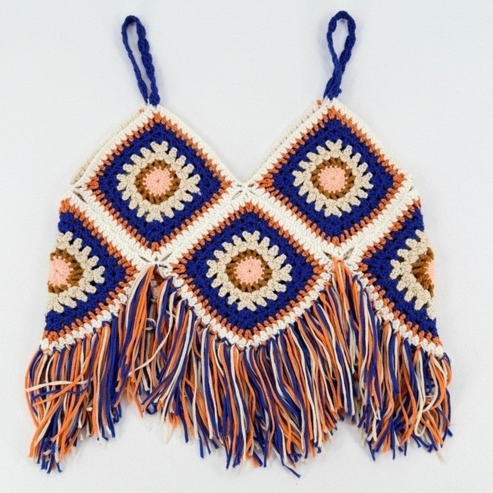 En Creme Crochet Fringe Tank Top Boho Festival Granny Square S/M - Picture 2 of 13
